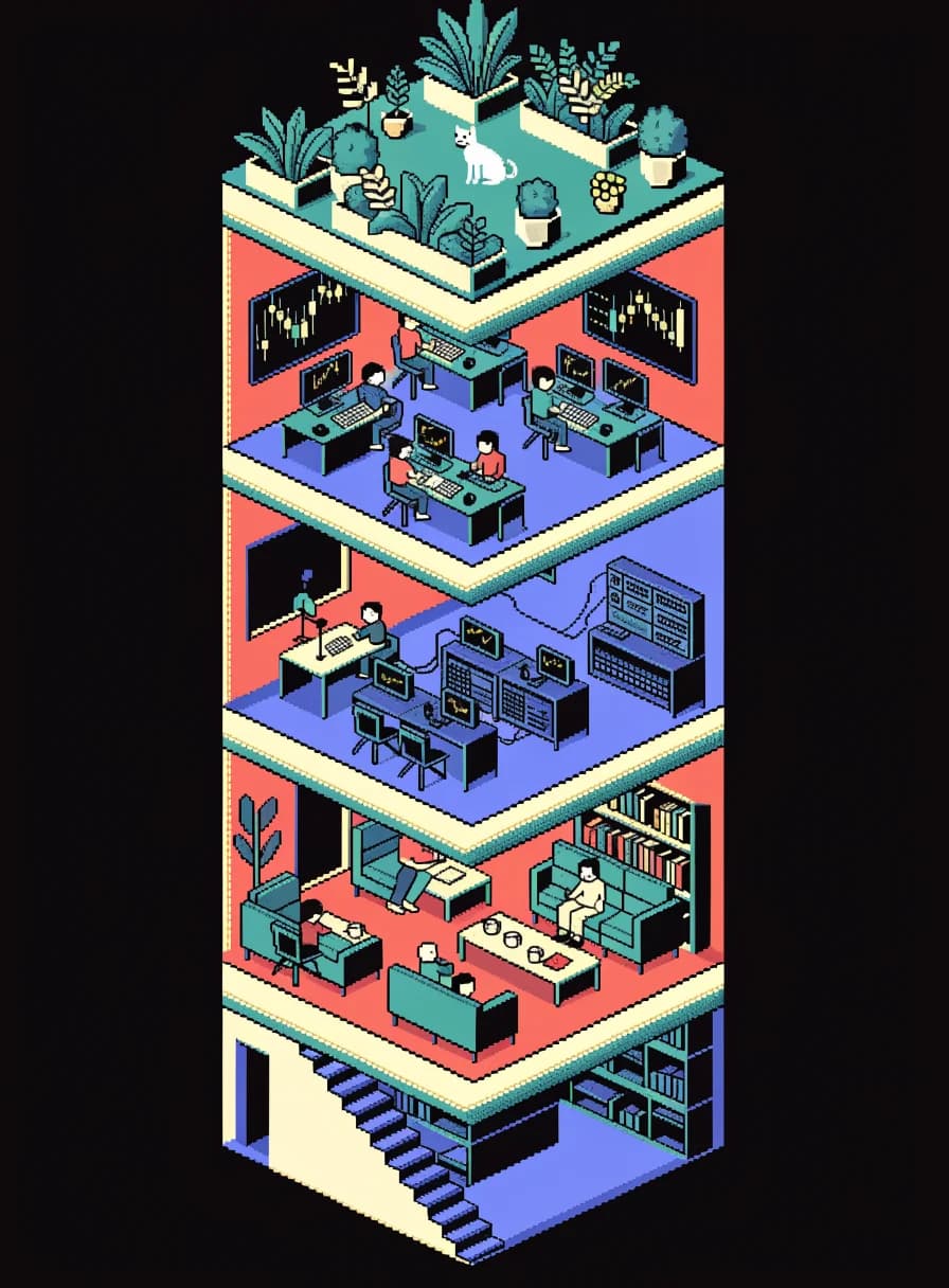 Cutaway illustration of a Room building: a trading floor, a broadcast studio, a developer workshop, a lounge and a rooftop garden